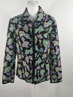 VTG R.Q.T. Quilted Jacket‎ Medium Black Floral Oriental Fan Print Art Wear...